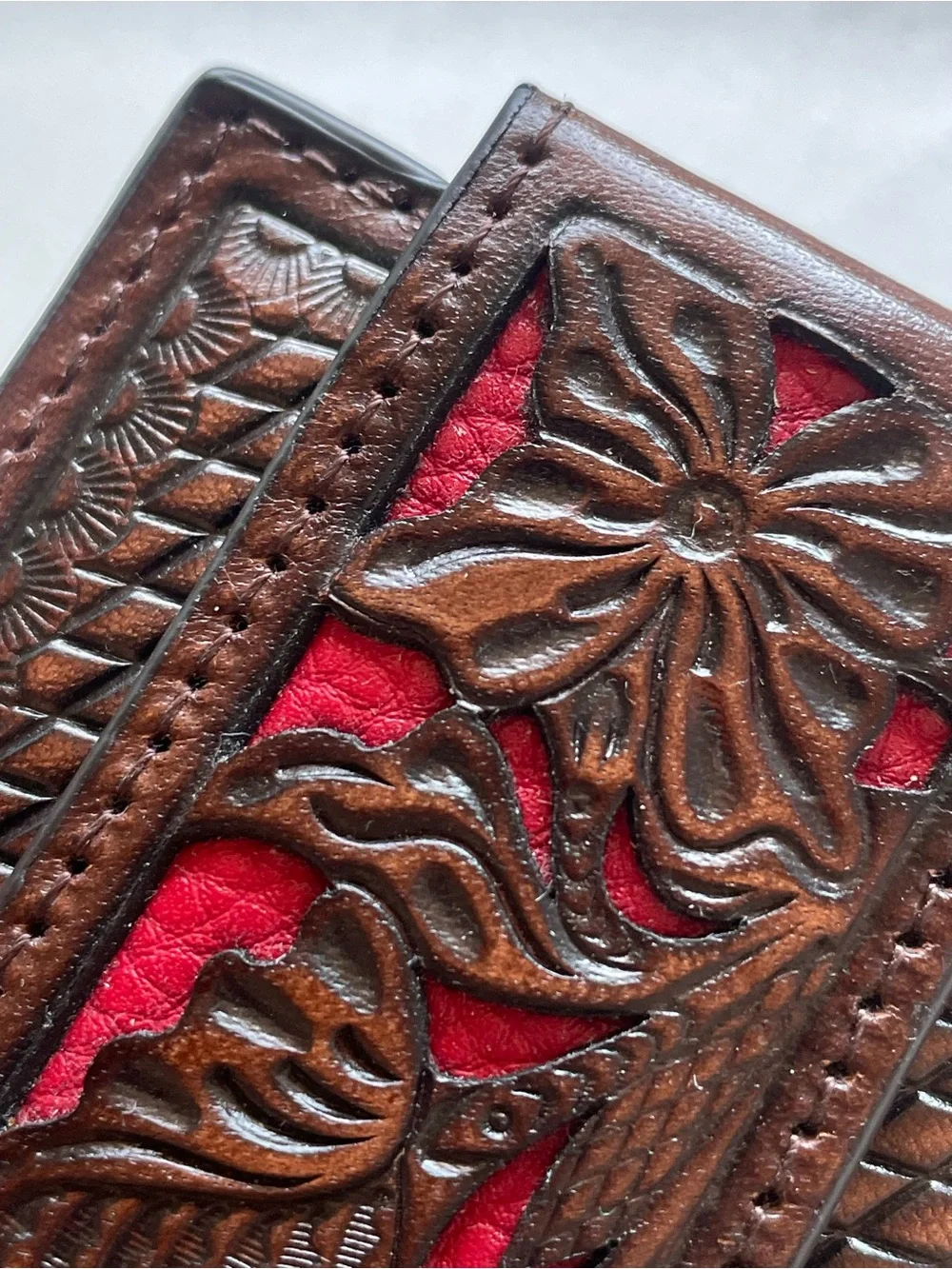 Nocona Men’s Red and Brown Floral Tooled Leather Magnetic Money Clip Wallet